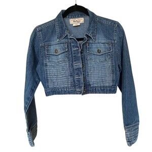 NoFuze Denim Jacket Womens Size S Blue Cropped Moto Biker Trucker Stretch